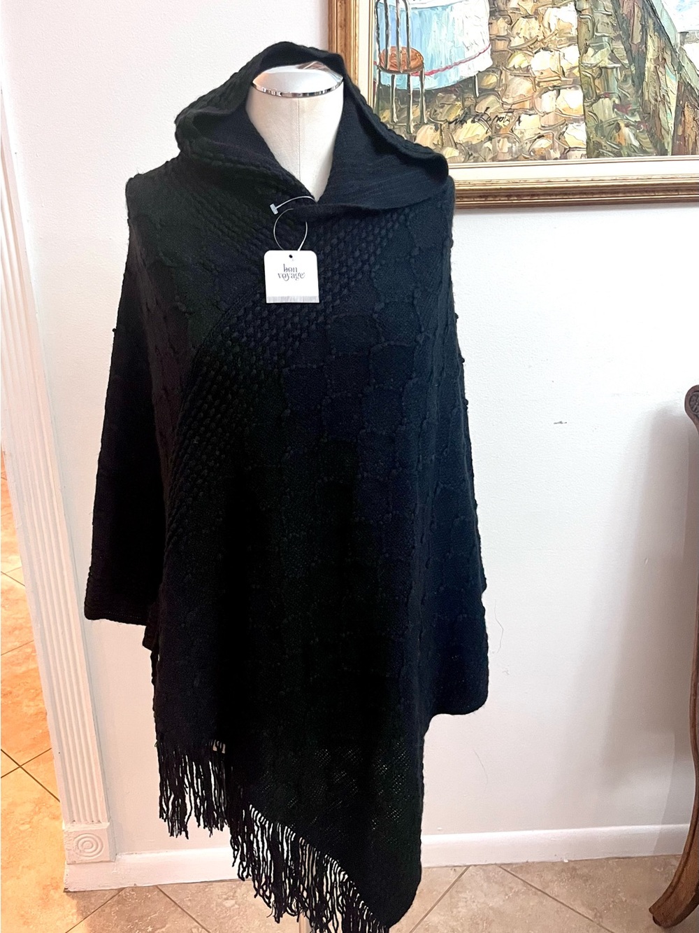Hooded Fringe Poncho Sweater - Black